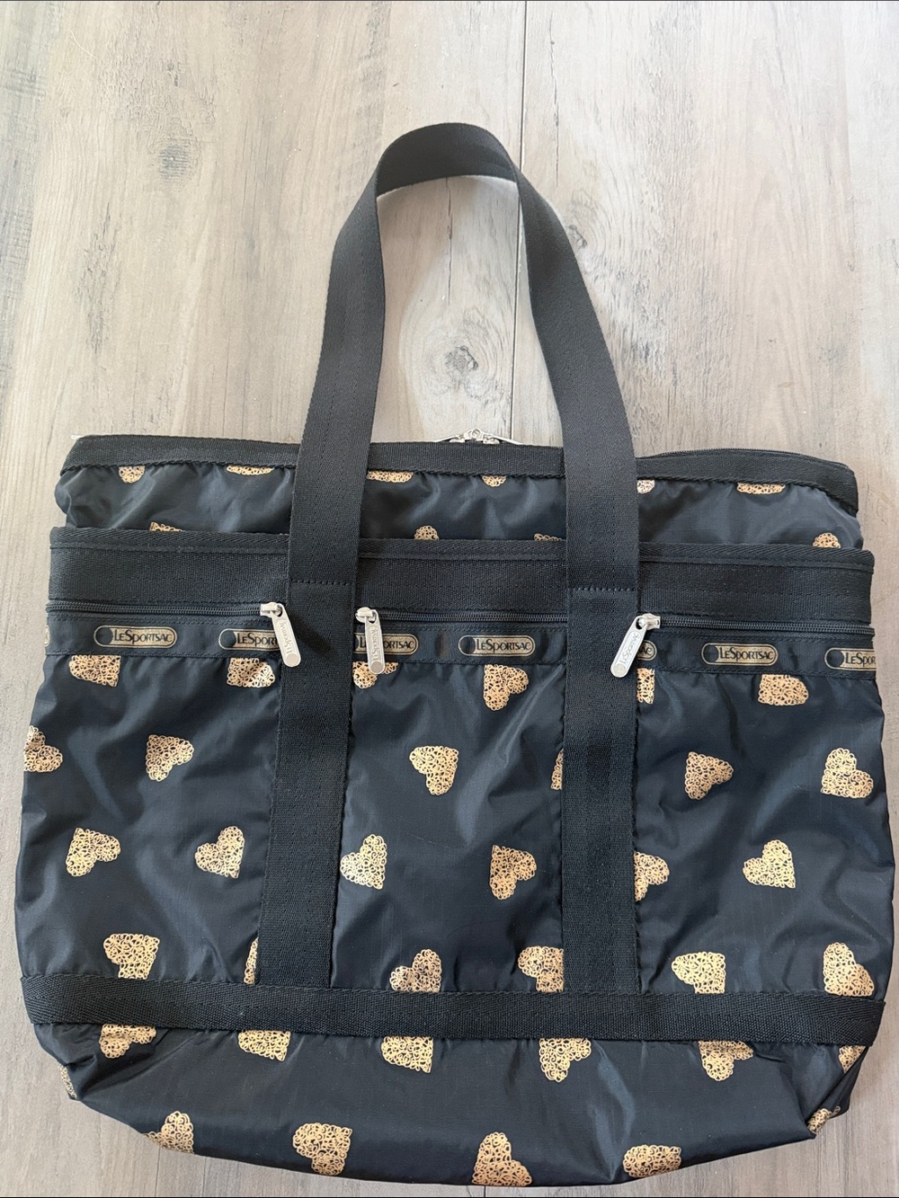 LeSportsac Black Travel Tote Bag with Gold Heart Print 15x18 Handles 10 inches